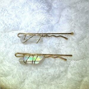 Clear Quartz w/ Rainbow Aura Wire Wrapped Hairpin Set Handmade Craft Bohemian